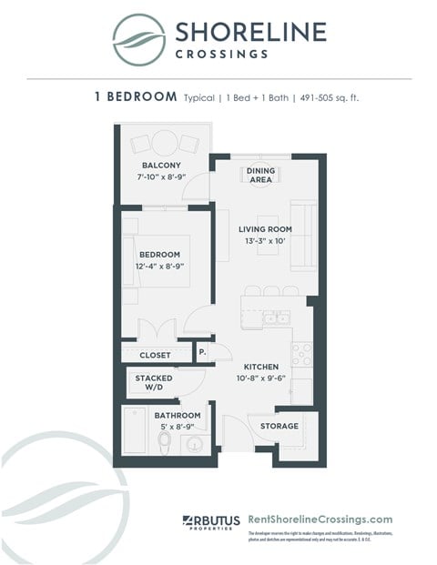 Floor plan for 1 bed, 1 bath, 505 sqft